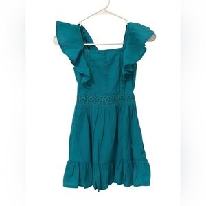 Guess | Girls Bluish Green Ruffled Sundress with Flutter Sleeves